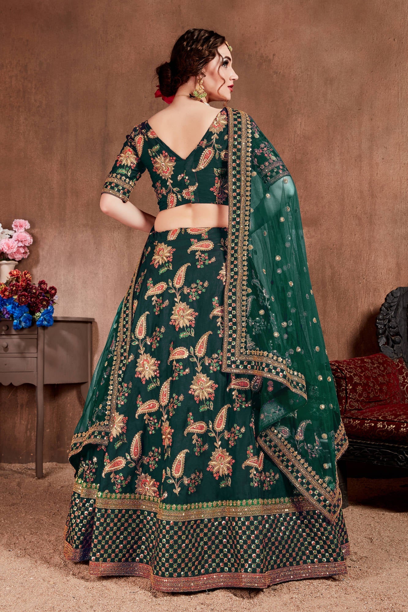Ethnic Dark Green Colored Bridal Wear Designer Embroidered Lehenga choli