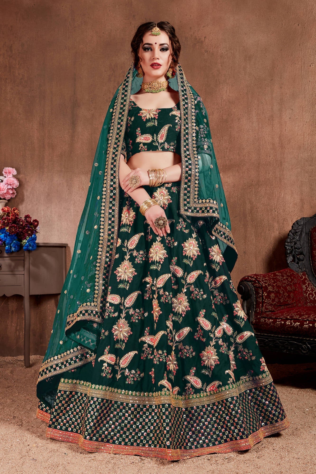 Ethnic Dark Green Colored Bridal Wear Designer Embroidered Lehenga choli