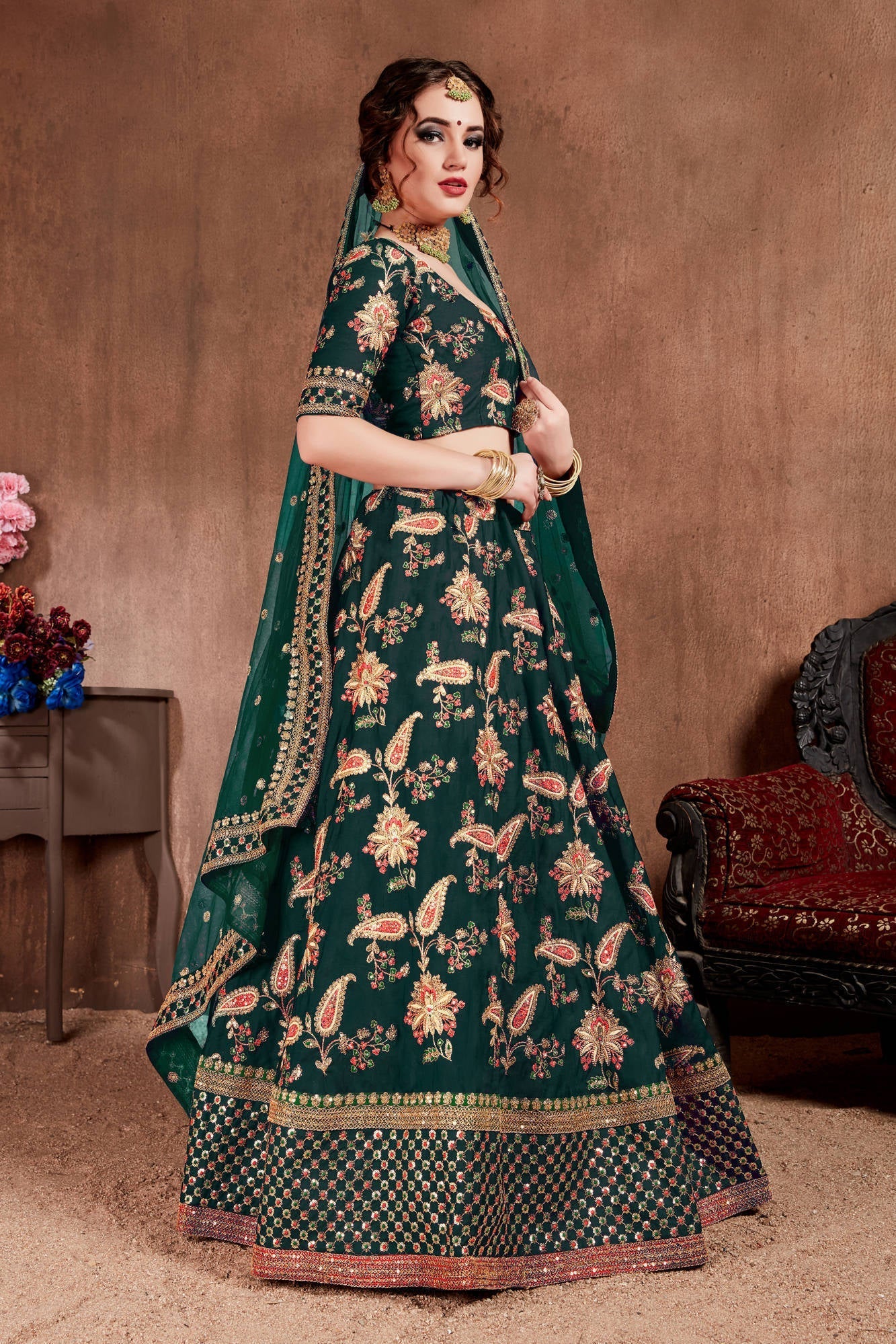 Ethnic Dark Green Colored Bridal Wear Designer Embroidered Lehenga choli