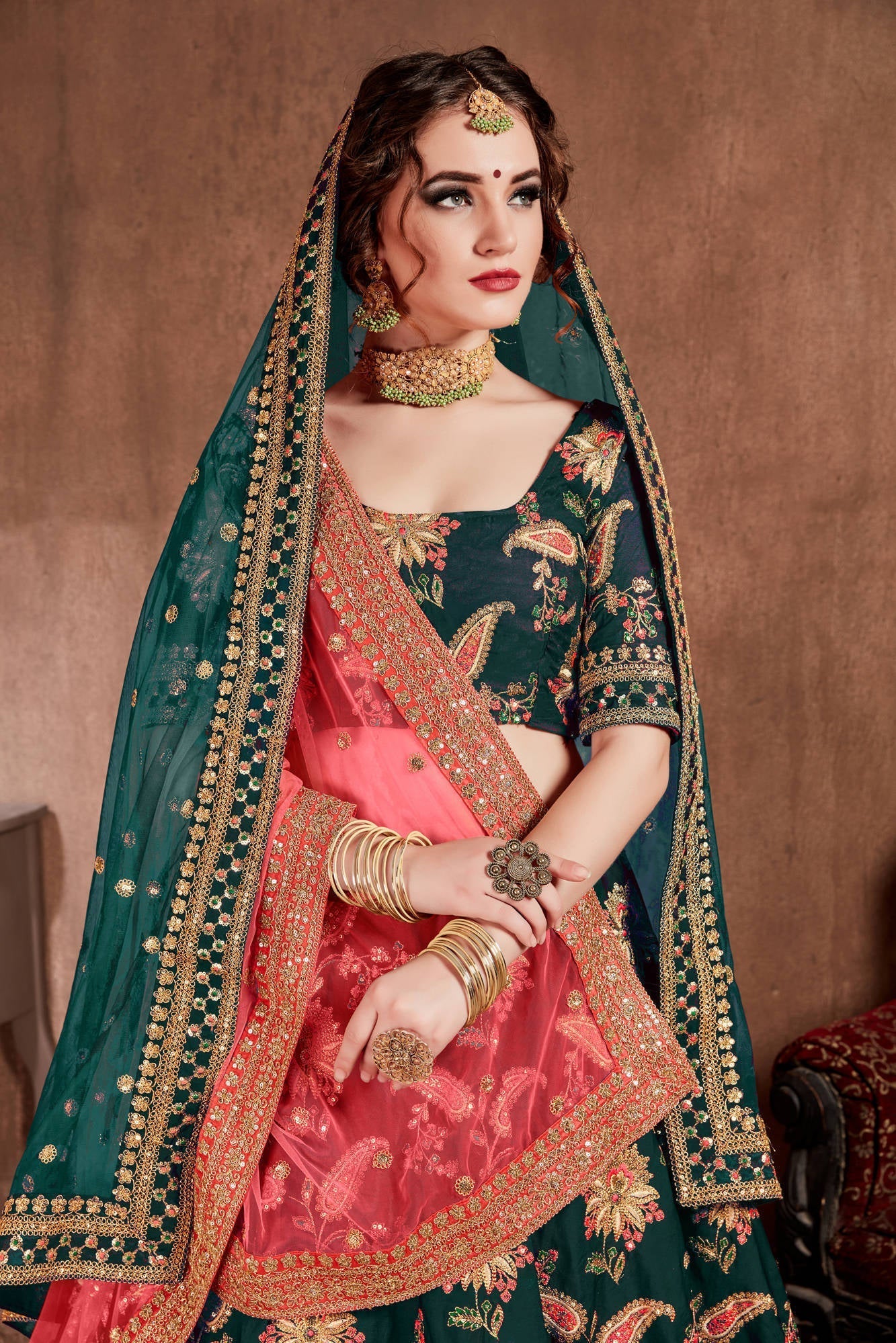 Ethnic Dark Green Colored Bridal Wear Designer Embroidered Lehenga choli