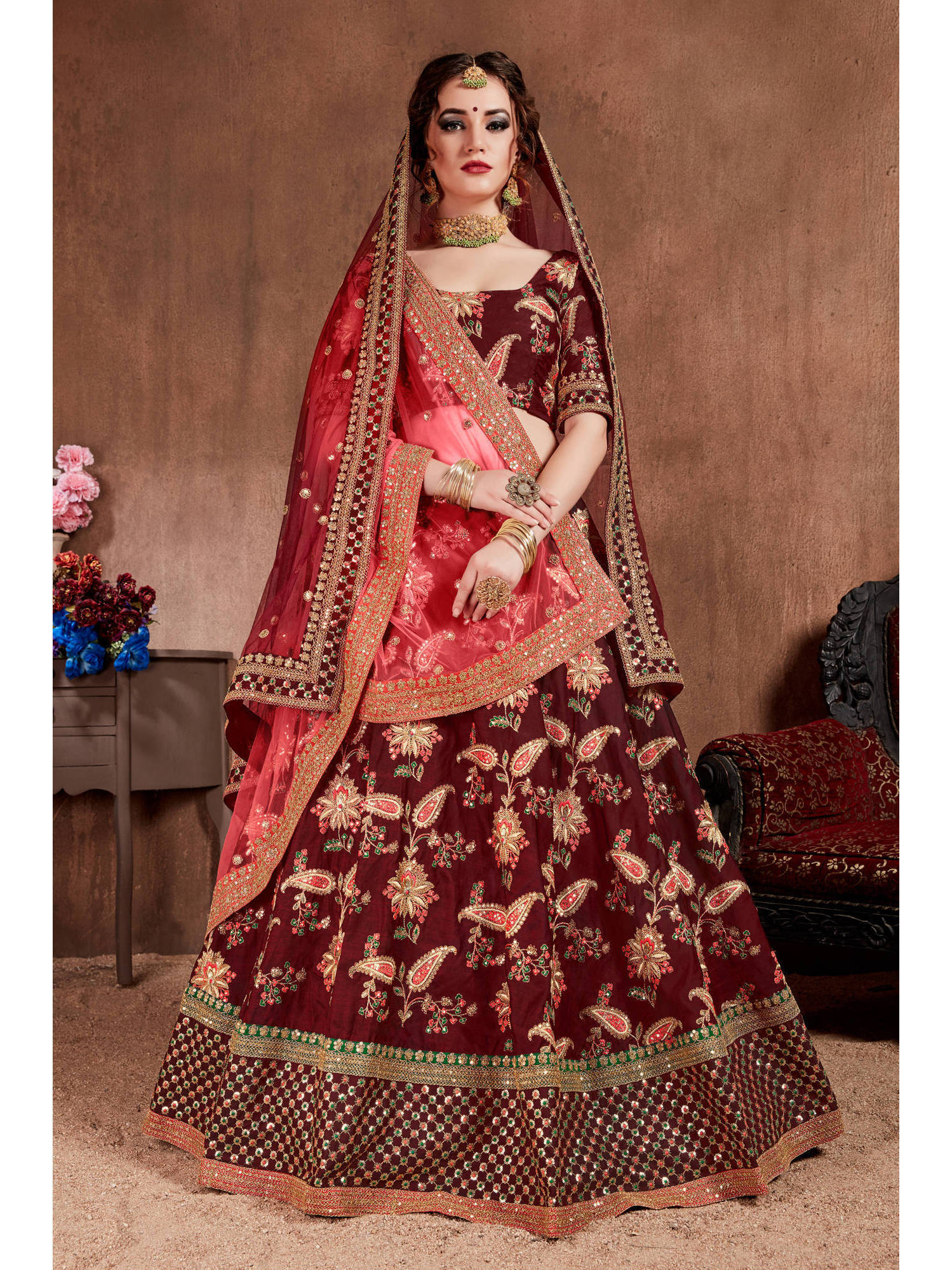 Blooming Dark Maroon Colored Bridal Wear Designer Embroidered Lehenga choli