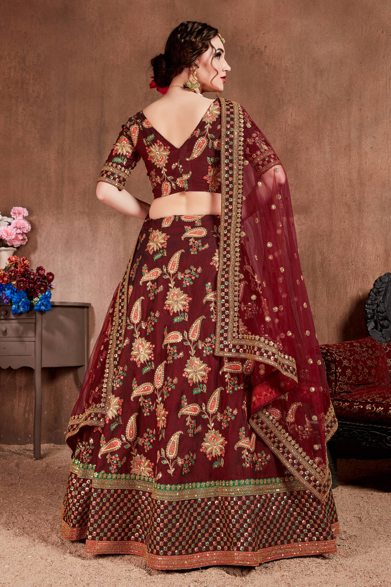 Blooming Dark Maroon Colored Bridal Wear Designer Embroidered Lehenga choli