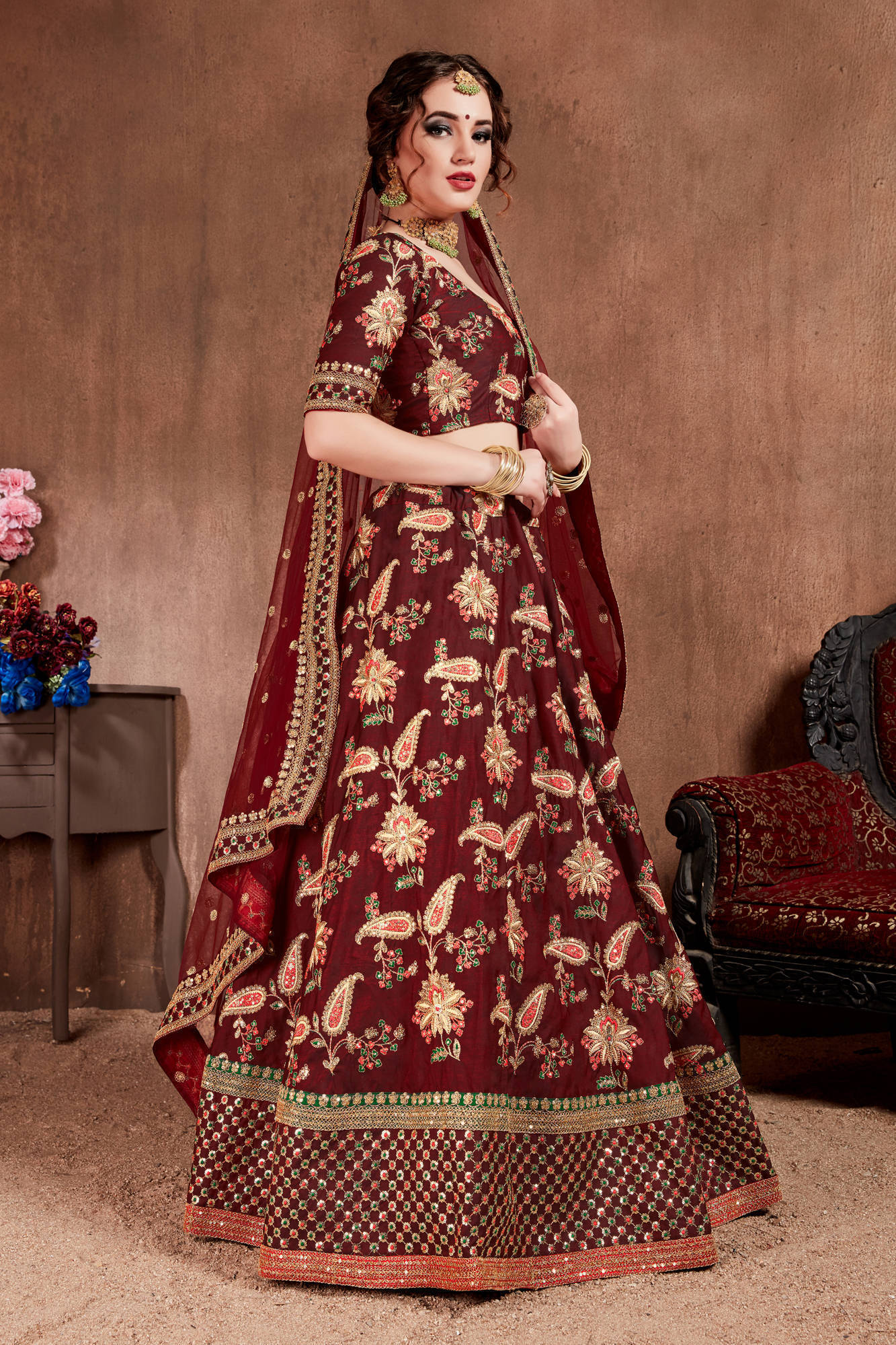 Blooming Dark Maroon Colored Bridal Wear Designer Embroidered Lehenga choli