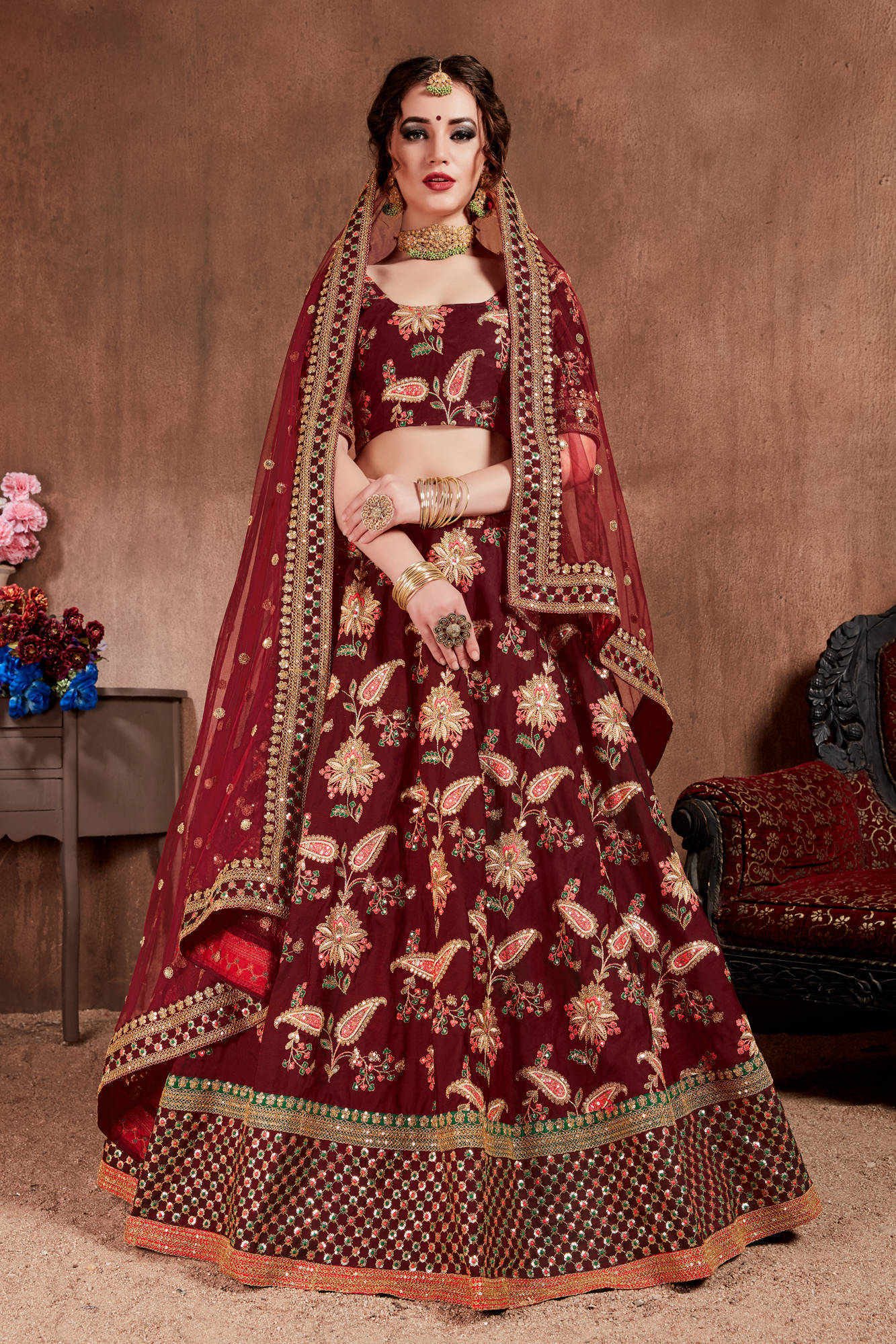 Blooming Dark Maroon Colored Bridal Wear Designer Embroidered Lehenga choli
