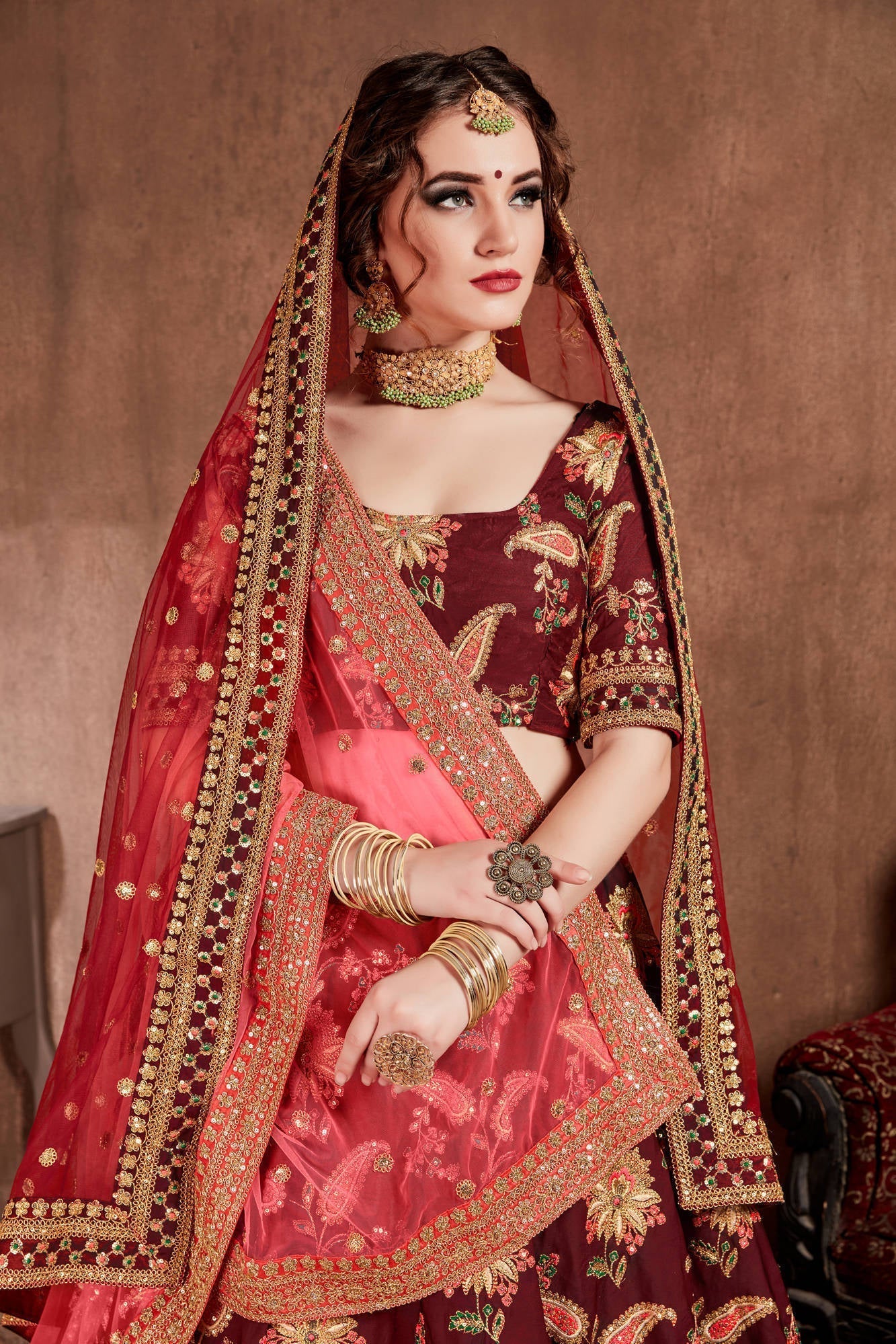 Blooming Dark Maroon Colored Bridal Wear Designer Embroidered Lehenga choli