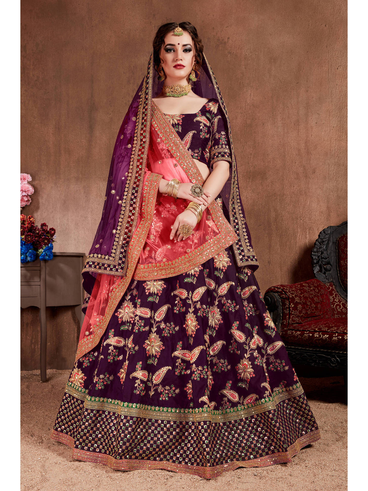 Alluring Purple Colored Bridal Wear Designer Embroidered Lehenga choli