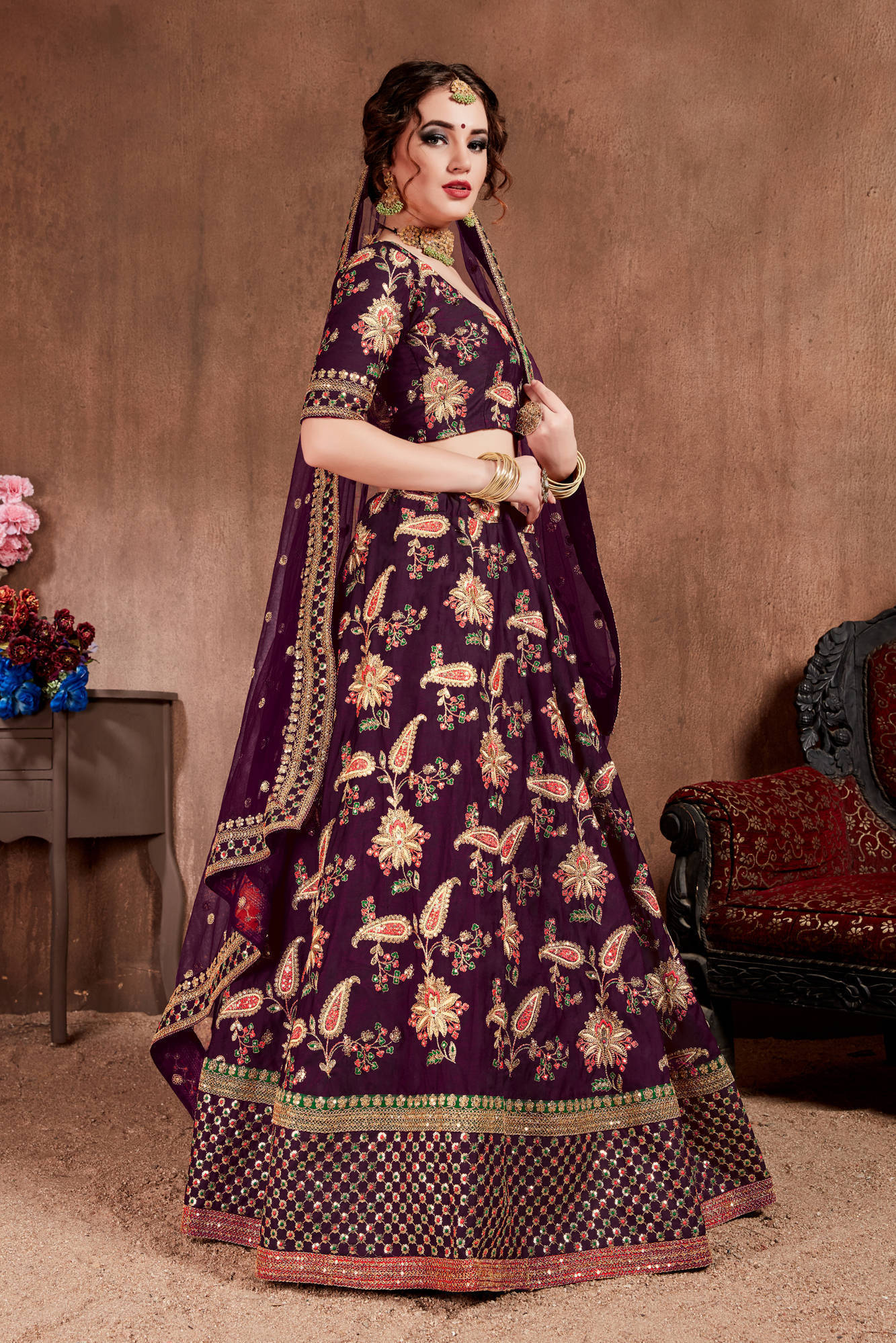 Alluring Purple Colored Bridal Wear Designer Embroidered Lehenga choli