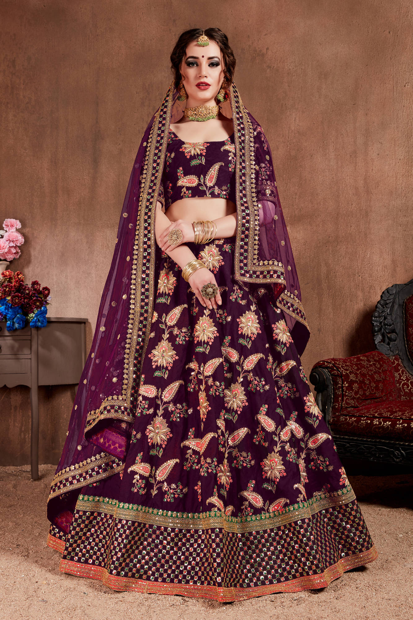 Alluring Purple Colored Bridal Wear Designer Embroidered Lehenga choli
