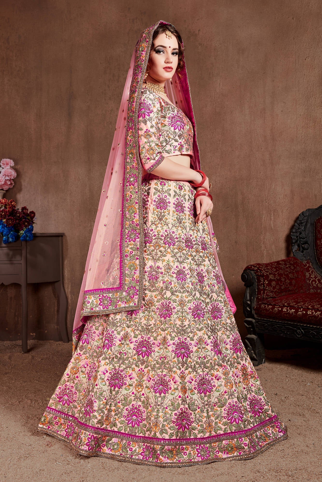 Arresting Pastel Pink Colored Bridal Wear Designer Embroidered Lehenga choli