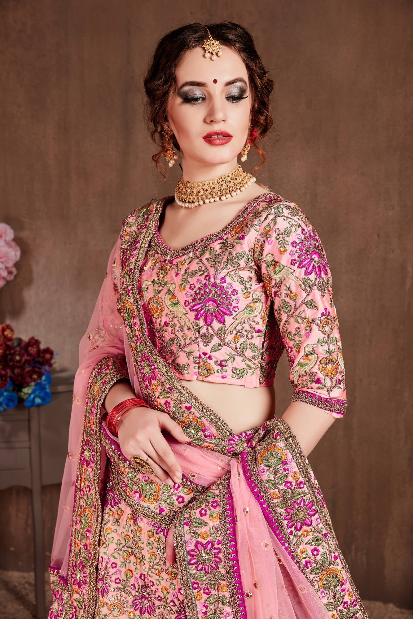 Arresting Pastel Pink Colored Bridal Wear Designer Embroidered Lehenga choli