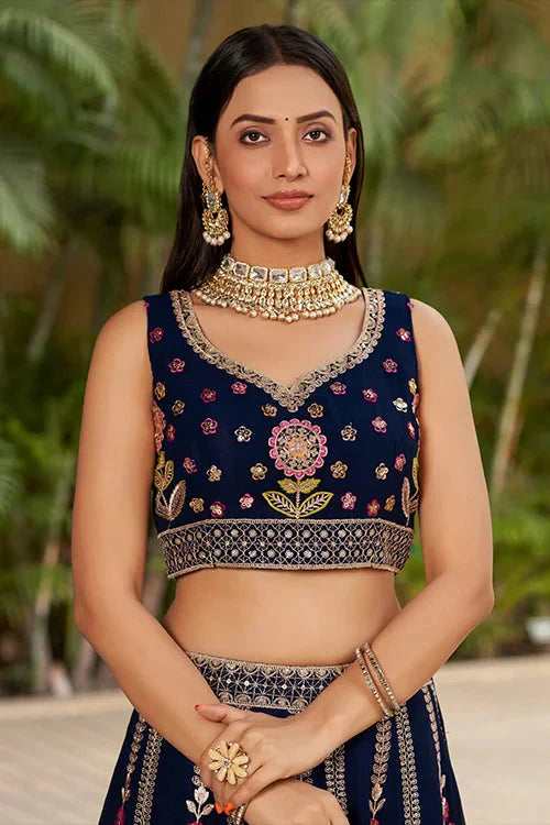 Navy Blue Embroidered Lehenga Choli with Dupatta