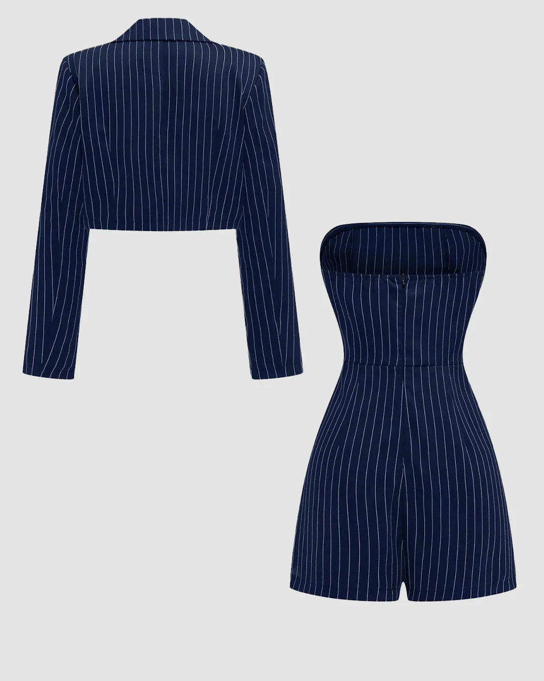 Navy Blue Casual Striped Tube Dress & Cropped Jacket Two-Piece Set