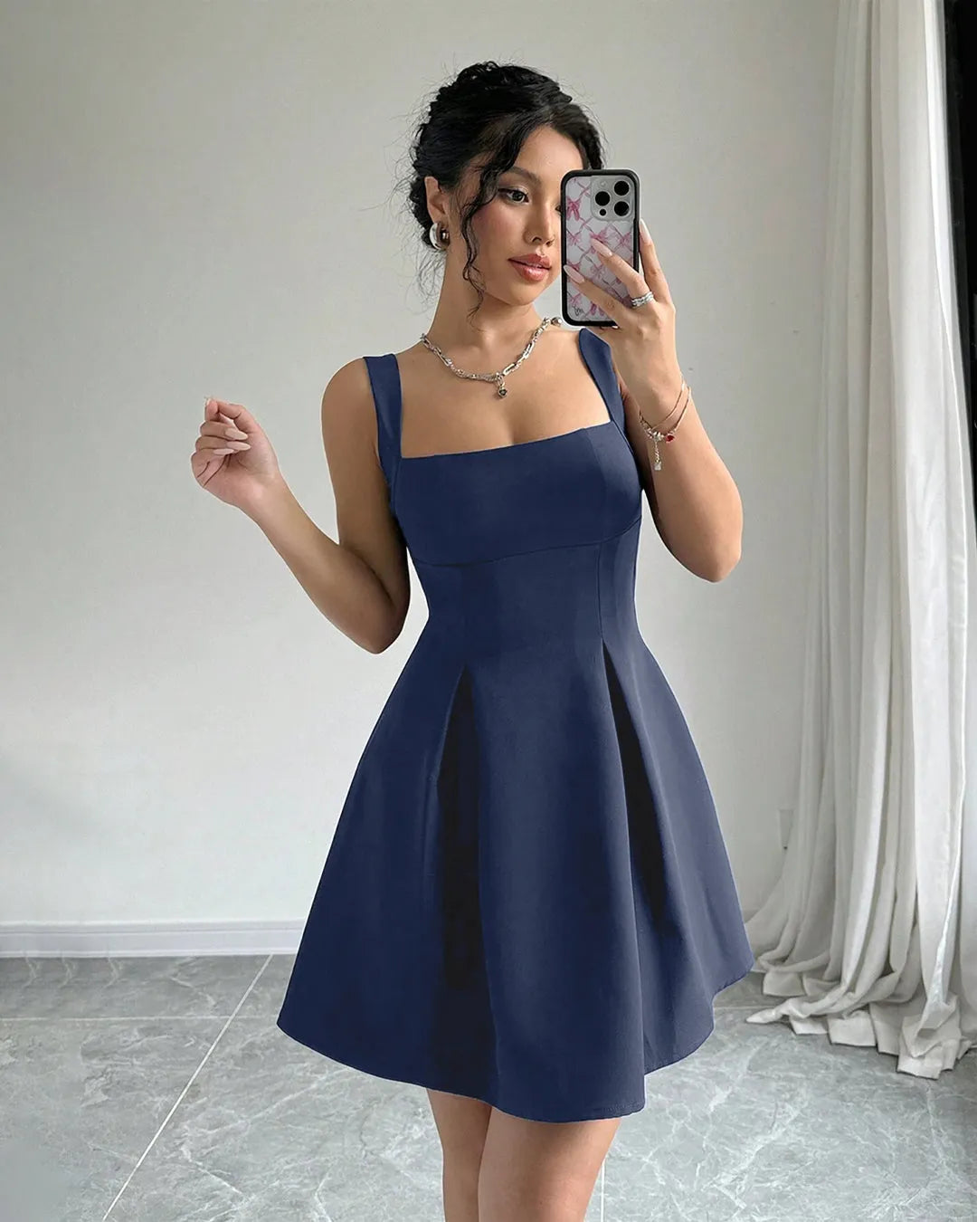 Navy Blue Fit and Flare Sleeveless Mini Dress