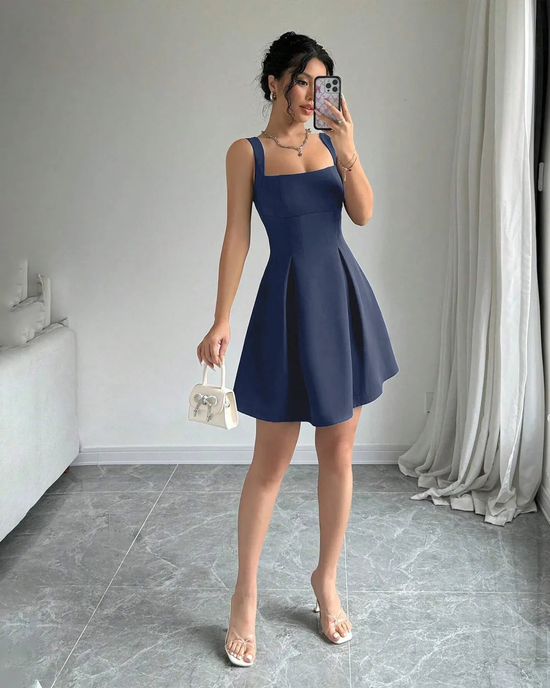 Navy Blue Fit and Flare Sleeveless Mini Dress
