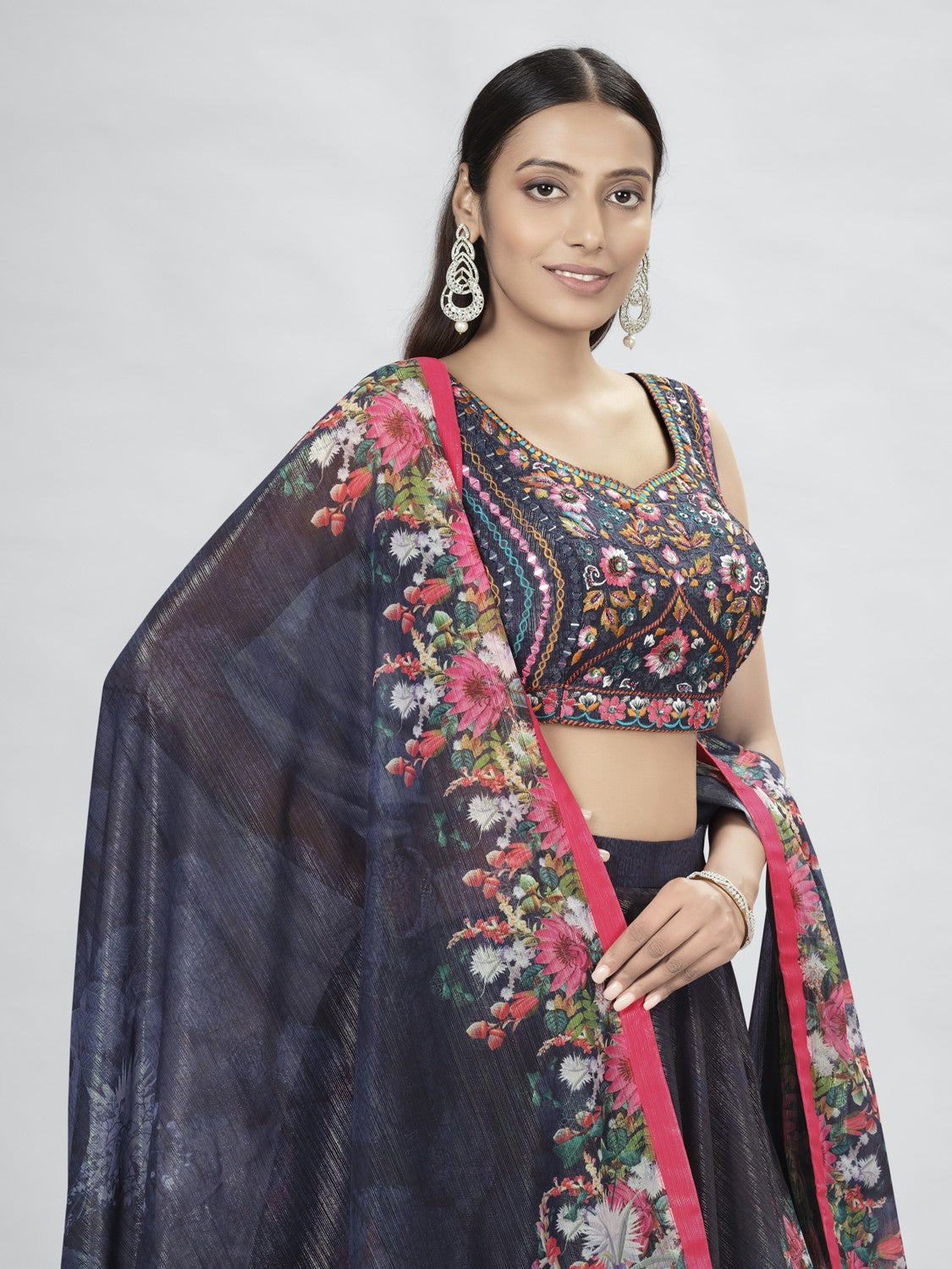 Navy Blue Pakistani Art Silk Lehenga Choli For Indian Festival & Weddings - Thread Embroidery Work,