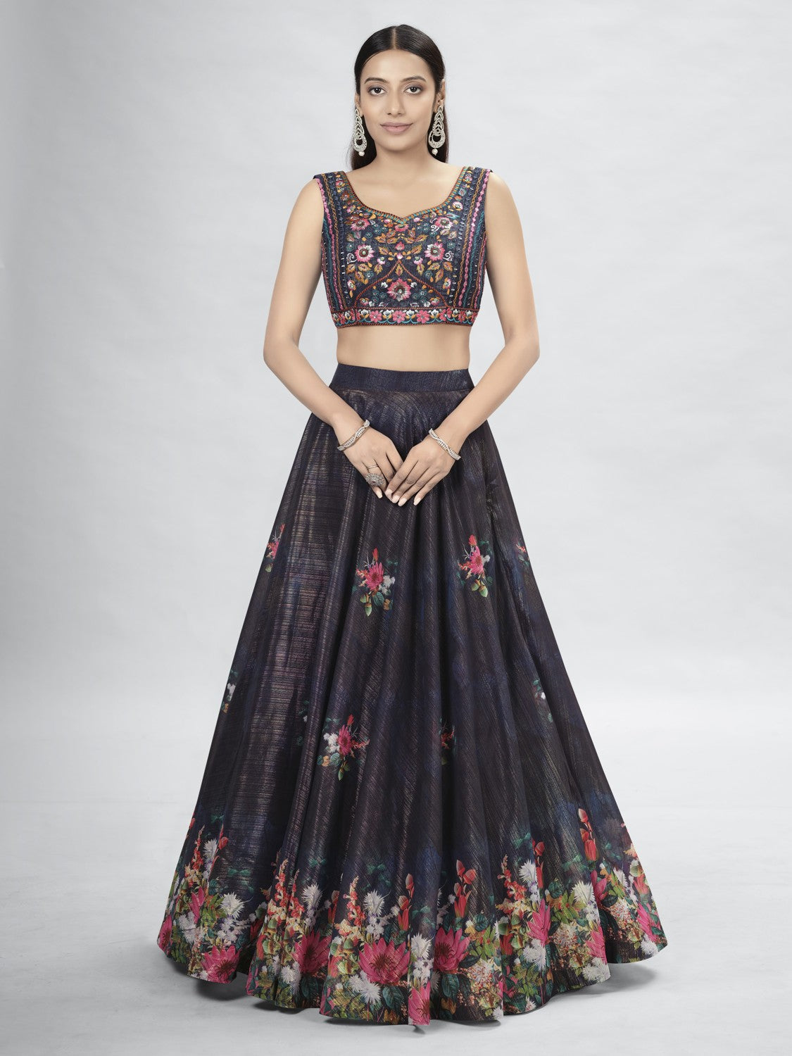 Navy Blue Pakistani Art Silk Lehenga Choli For Indian Festival & Weddings - Thread Embroidery Work,