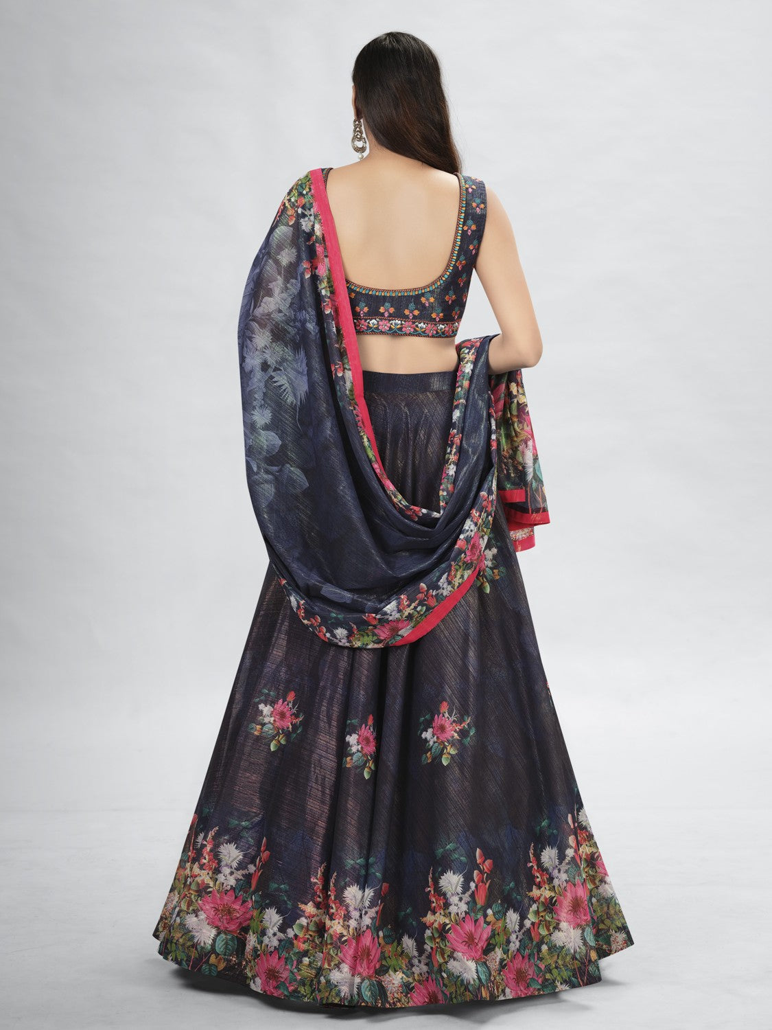Navy Blue Pakistani Art Silk Lehenga Choli For Indian Festival & Weddings - Thread Embroidery Work,