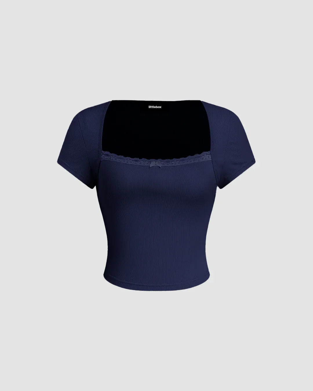 Navy Blue Ribbed Square Neck Lace Trim Top