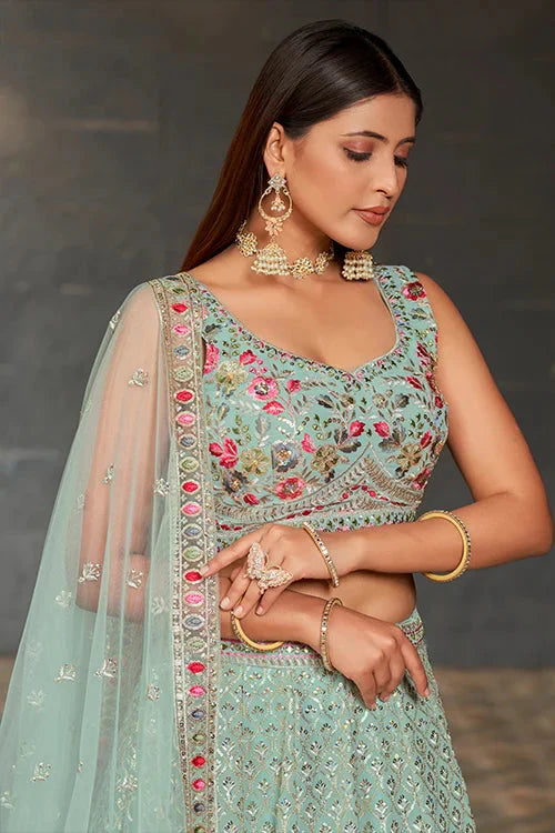 New Party Wear Collection Lehenga Choli With Dupatta Sky Blue Colour