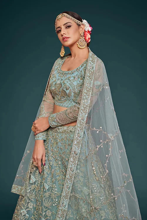 Ocean Aqua Soft Net Thread Embroidery Work Lehenga Choli With Dupatta