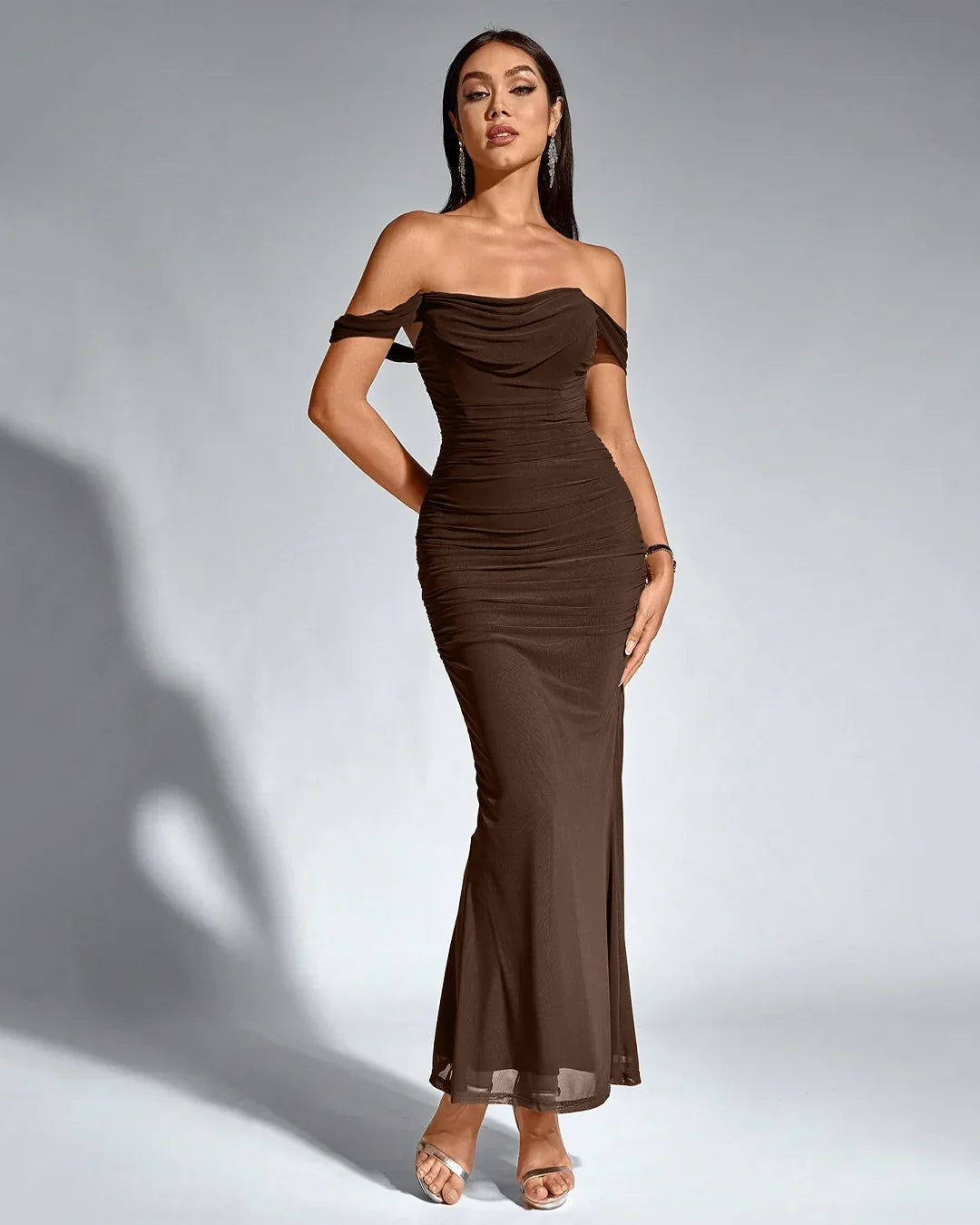 Off-Shoulder Ruched Bodycon Straight Hem Solid Sleeveless Maxi Dress in Coco