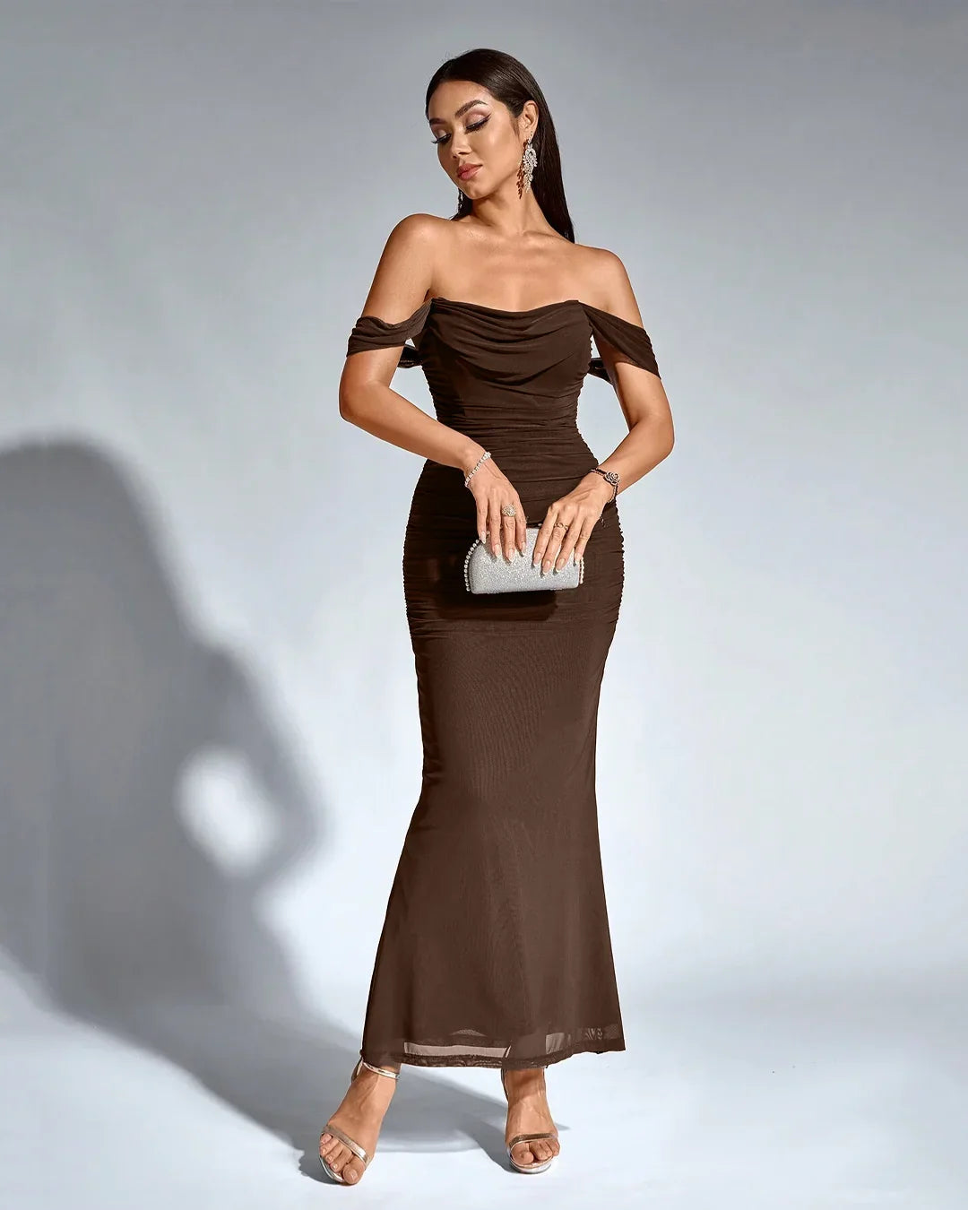 Off-Shoulder Ruched Bodycon Straight Hem Solid Sleeveless Maxi Dress in Coco