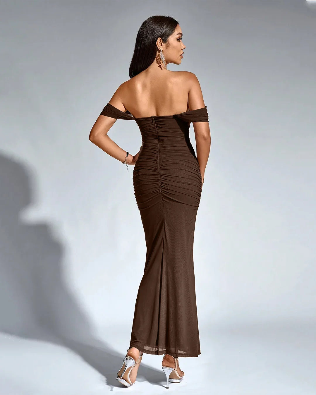 Off-Shoulder Ruched Bodycon Straight Hem Solid Sleeveless Maxi Dress in Coco