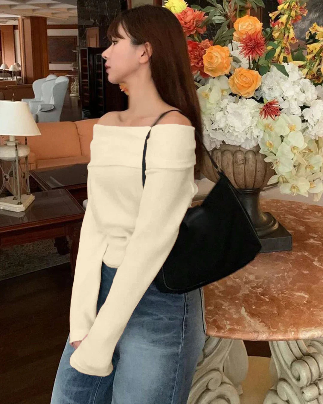 Off-Shoulder Slim-Fit Straight Hem Solid Long Sleeve Cropped Top in Beige