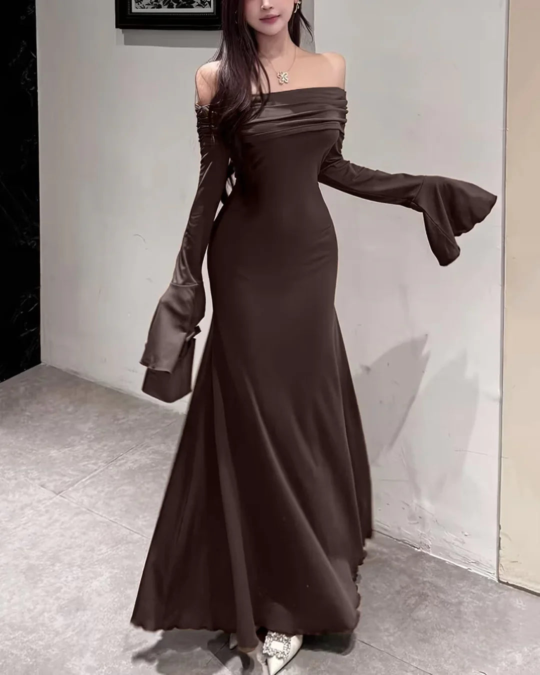 Off-Shoulder Slim Fit Mermaid Hem Solid Trumpet Sleeve Maxi Dress in Coffee