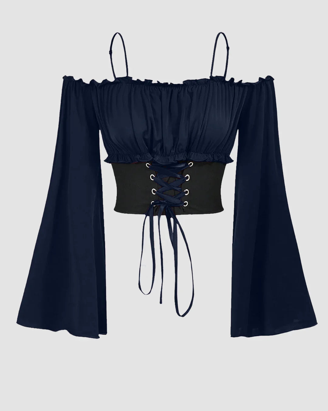 Off-Shoulder Slim Fit Solid Bell Sleeve Crop Top in Navy Blue