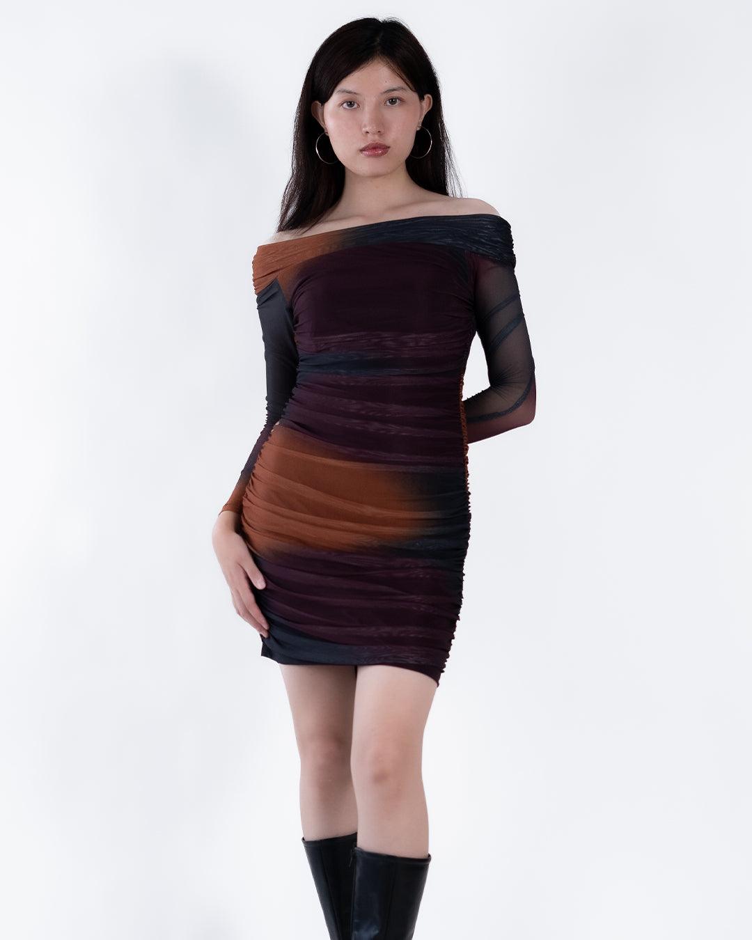 Off-Shoulder Tie Dye Long Sleeve Slim Fit Dress