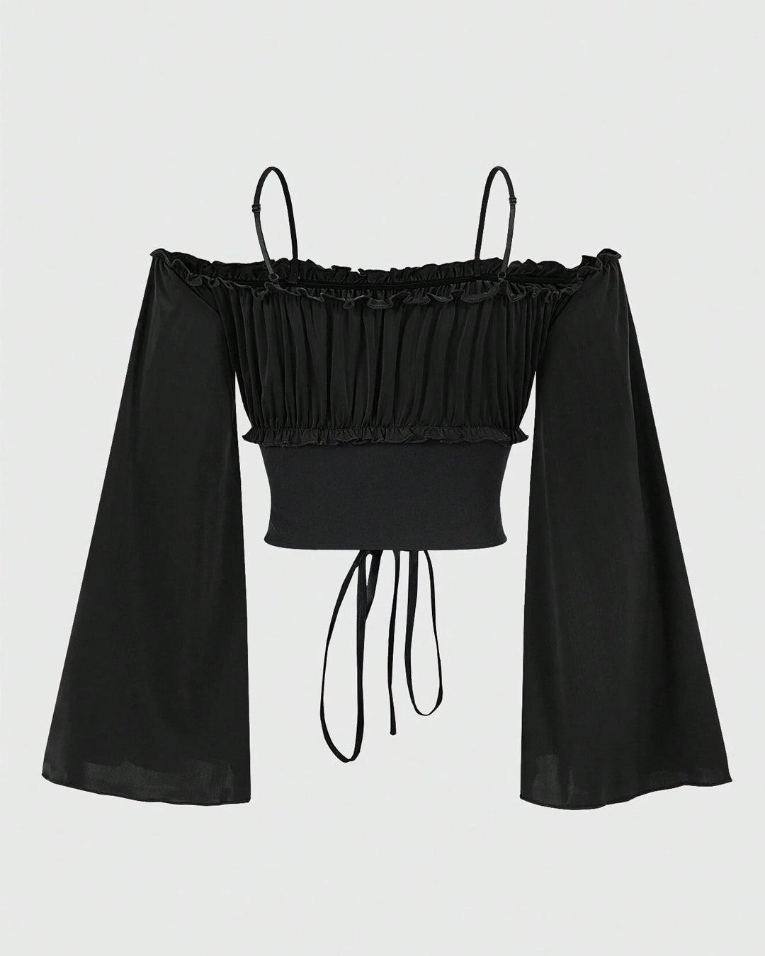 Off-The-Shoulder Bell Sleeve Short Top In Black