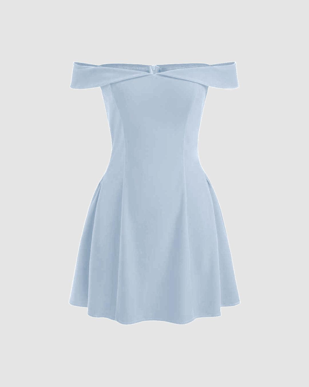 Off Shoulder Fit and Flare Blue Mini Dress