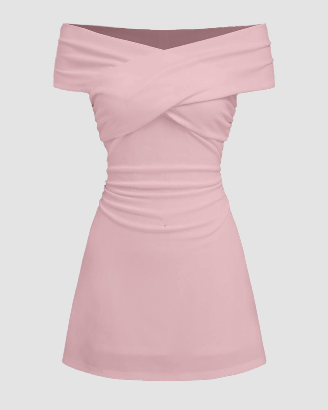 Off-shoulder Criss Cross Ruched Mini Dress in Pink