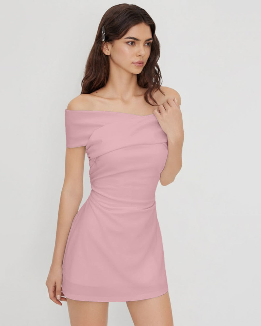 Off-shoulder Criss Cross Ruched Mini Dress in Pink
