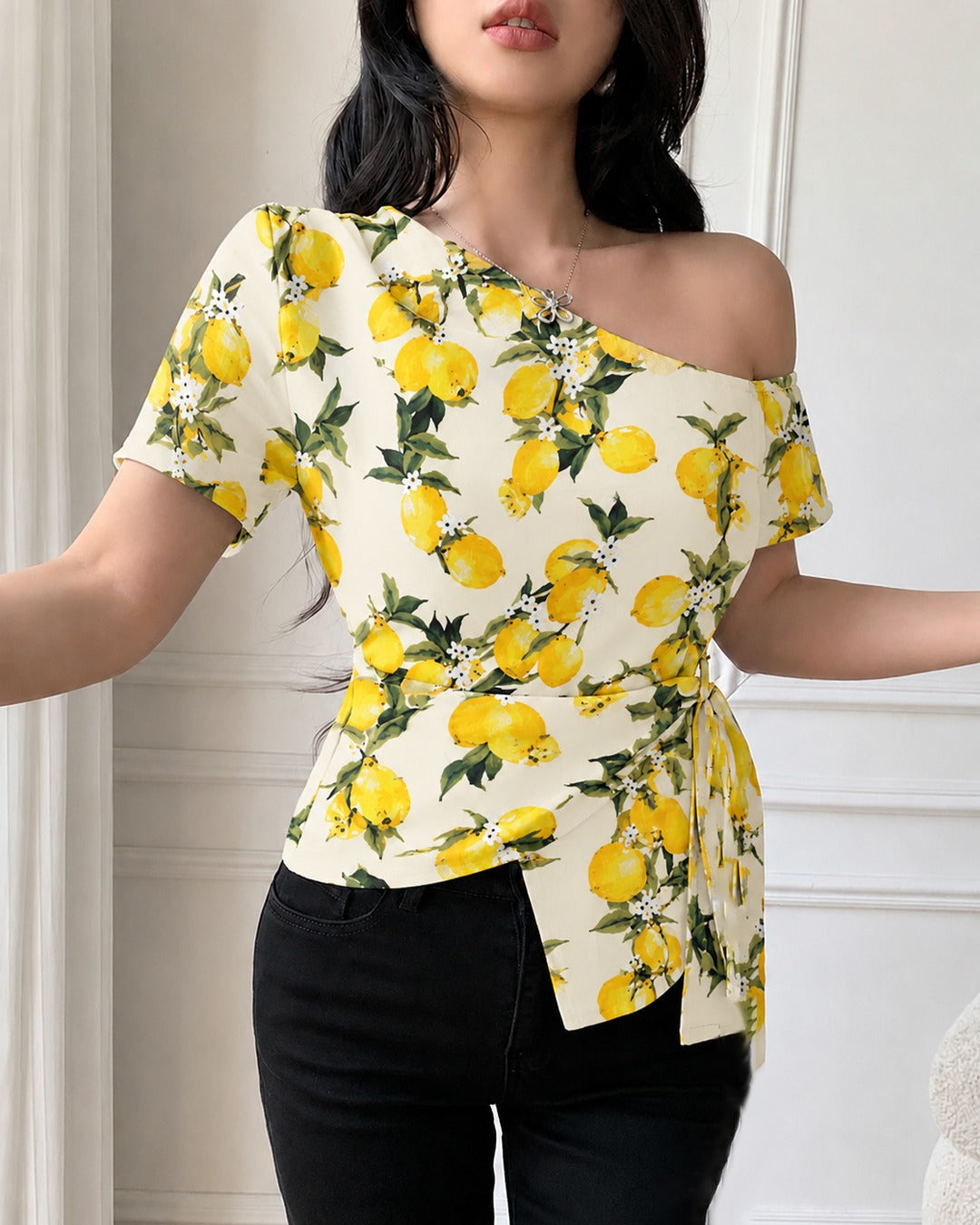Off Shoulder Fitted Wrap Top With Lemon Print in Butter Yellow