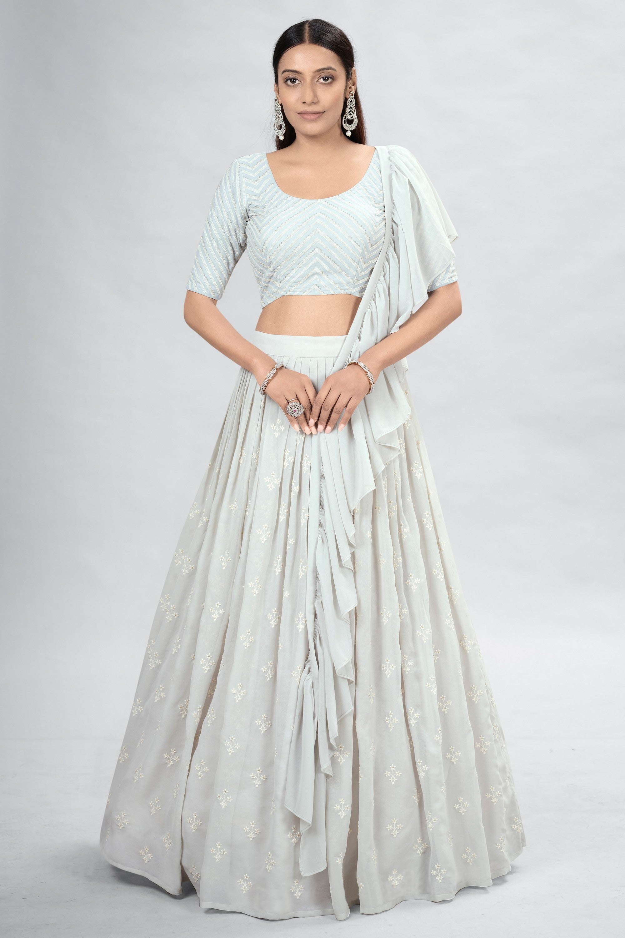 Off White Indian Georgette Lehenga Choli With Ruffle Dupatta For Indian Festival & Weddings - Sequence Embroidery Work,