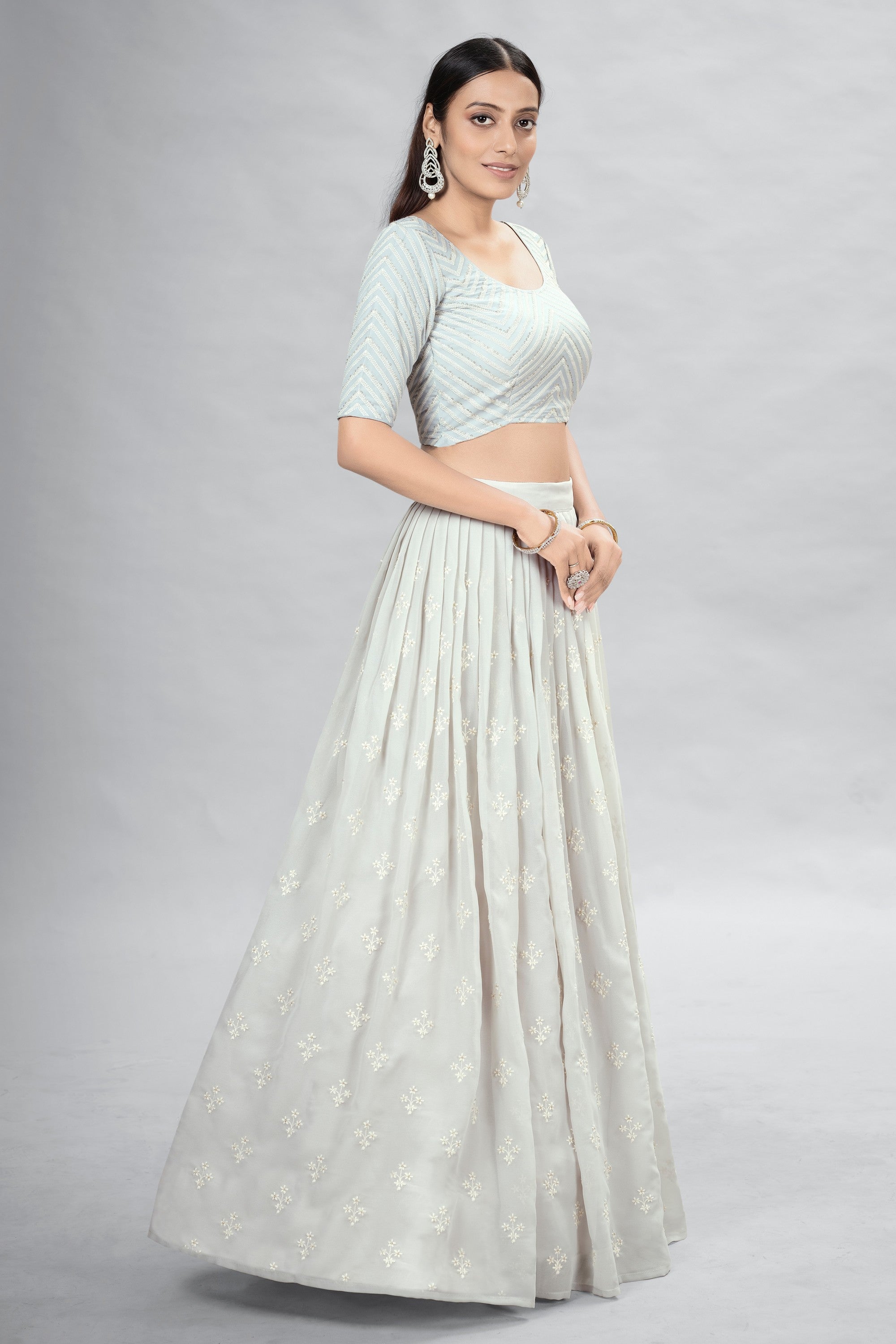 Off White Indian Georgette Lehenga Choli With Ruffle Dupatta For Indian Festival & Weddings - Sequence Embroidery Work,