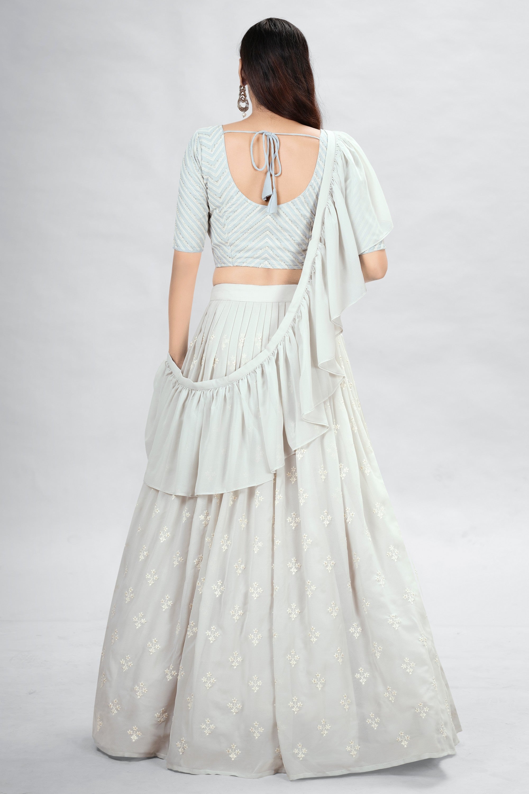Off White Indian Georgette Lehenga Choli With Ruffle Dupatta For Indian Festival & Weddings - Sequence Embroidery Work,