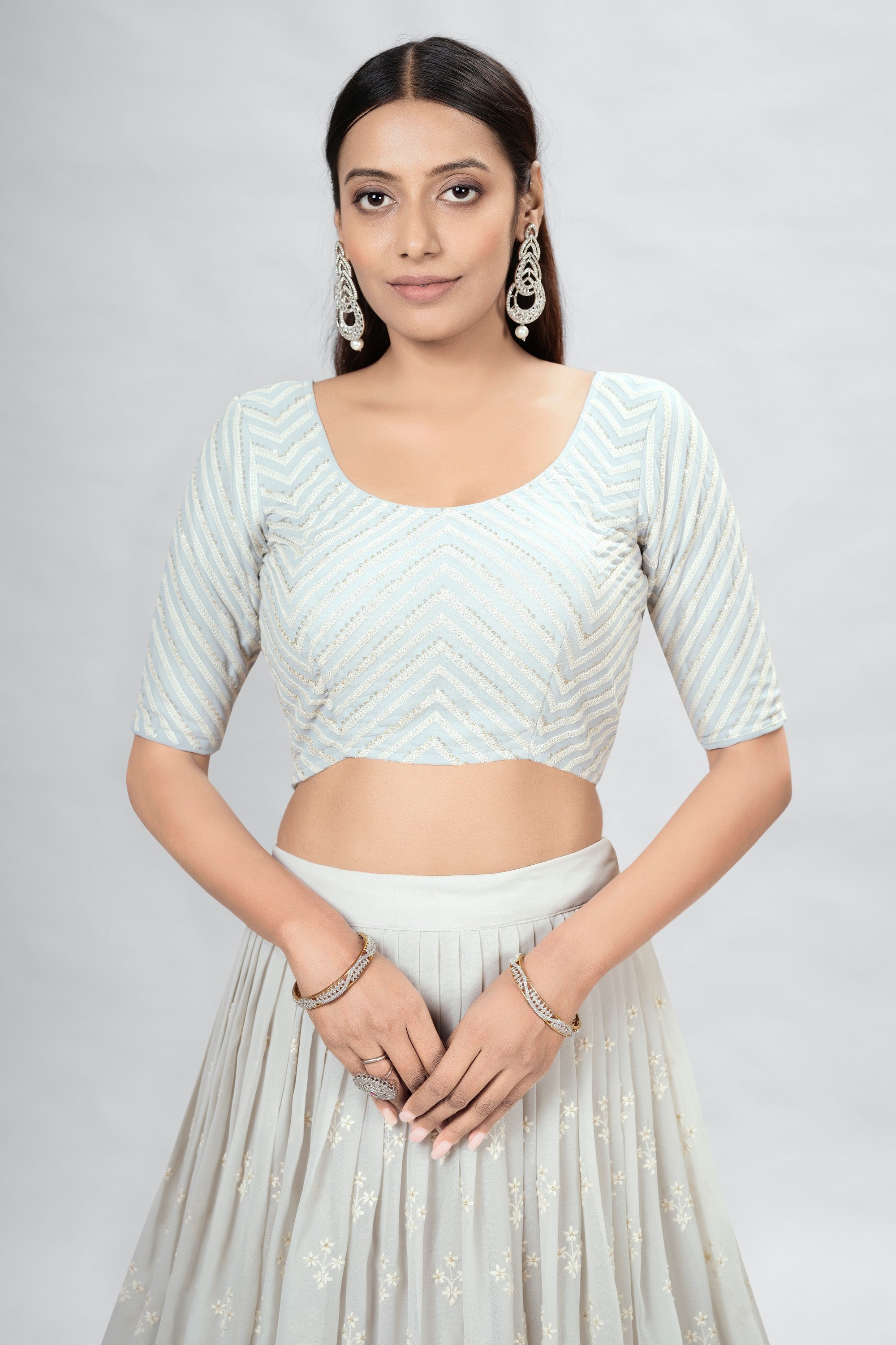 Off White Indian Georgette Lehenga Choli With Ruffle Dupatta For Indian Festival & Weddings - Sequence Embroidery Work,