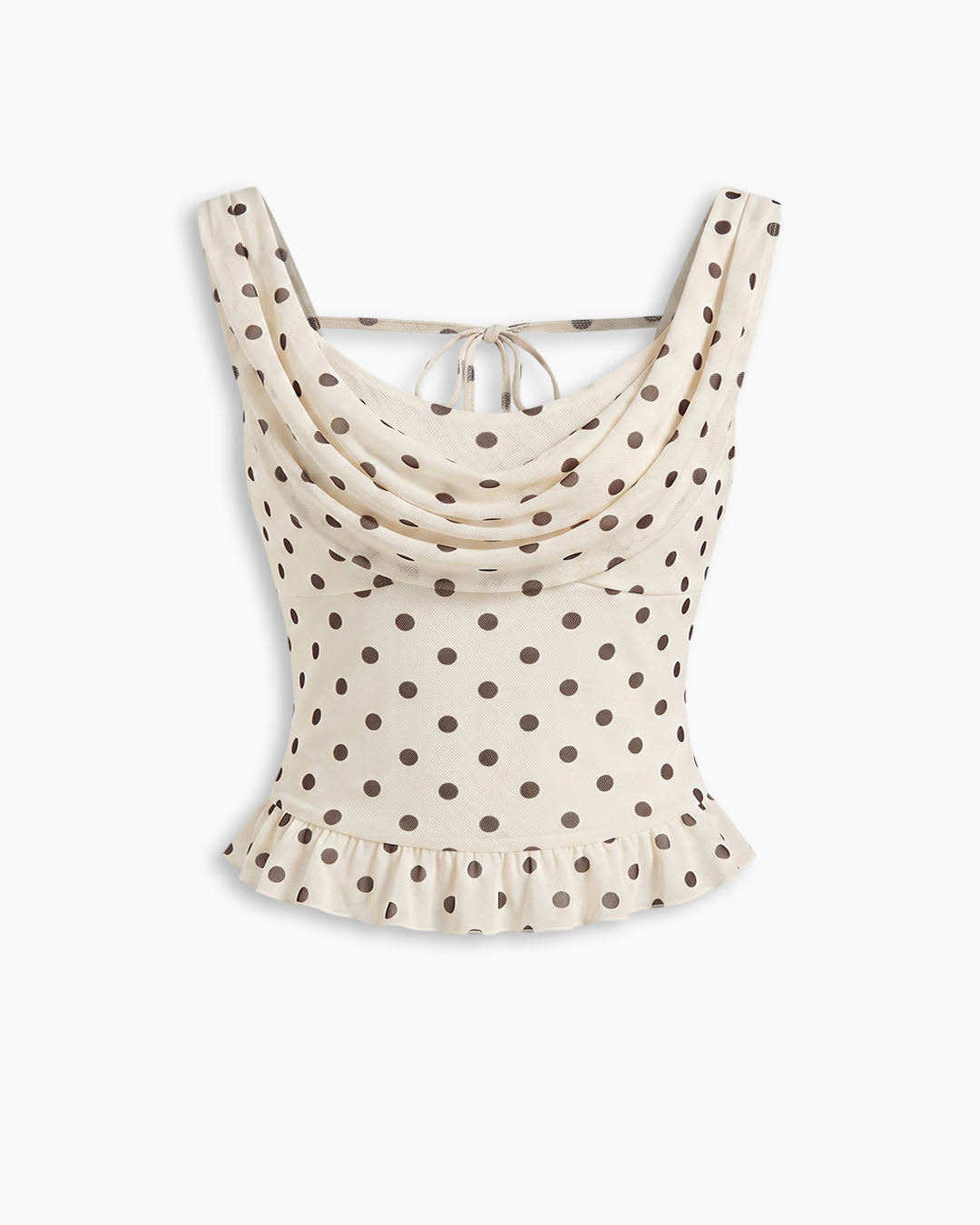 Off White Polka Dot Cowl Neck Back Tie Ruffled Hem Top Curve and Plus