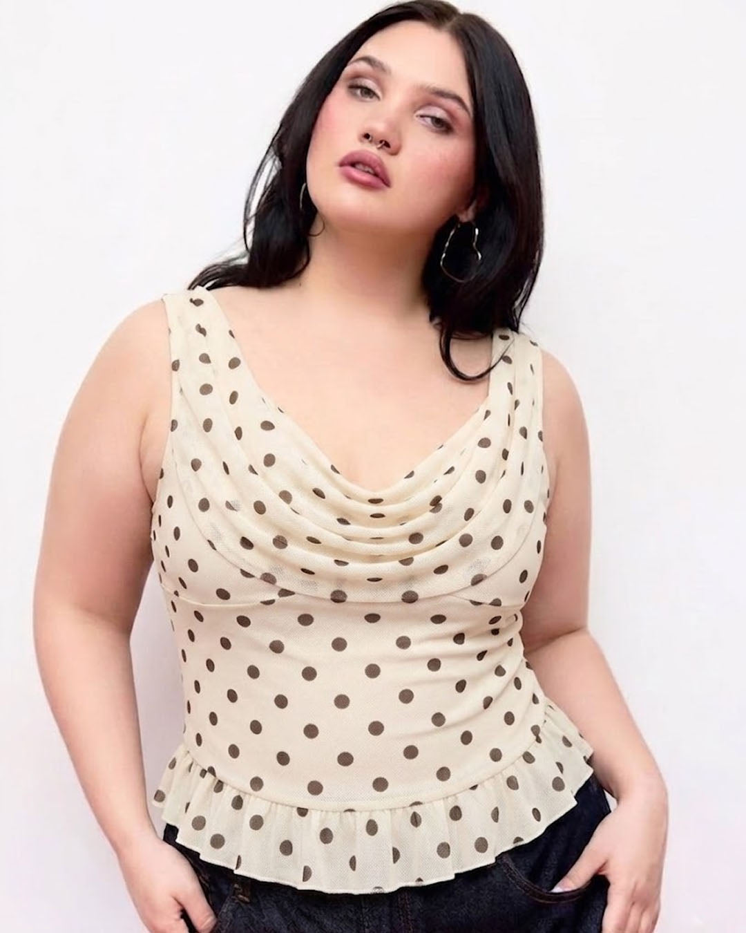 Off White Polka Dot Cowl Neck Back Tie Ruffled Hem Top Curve and Plus