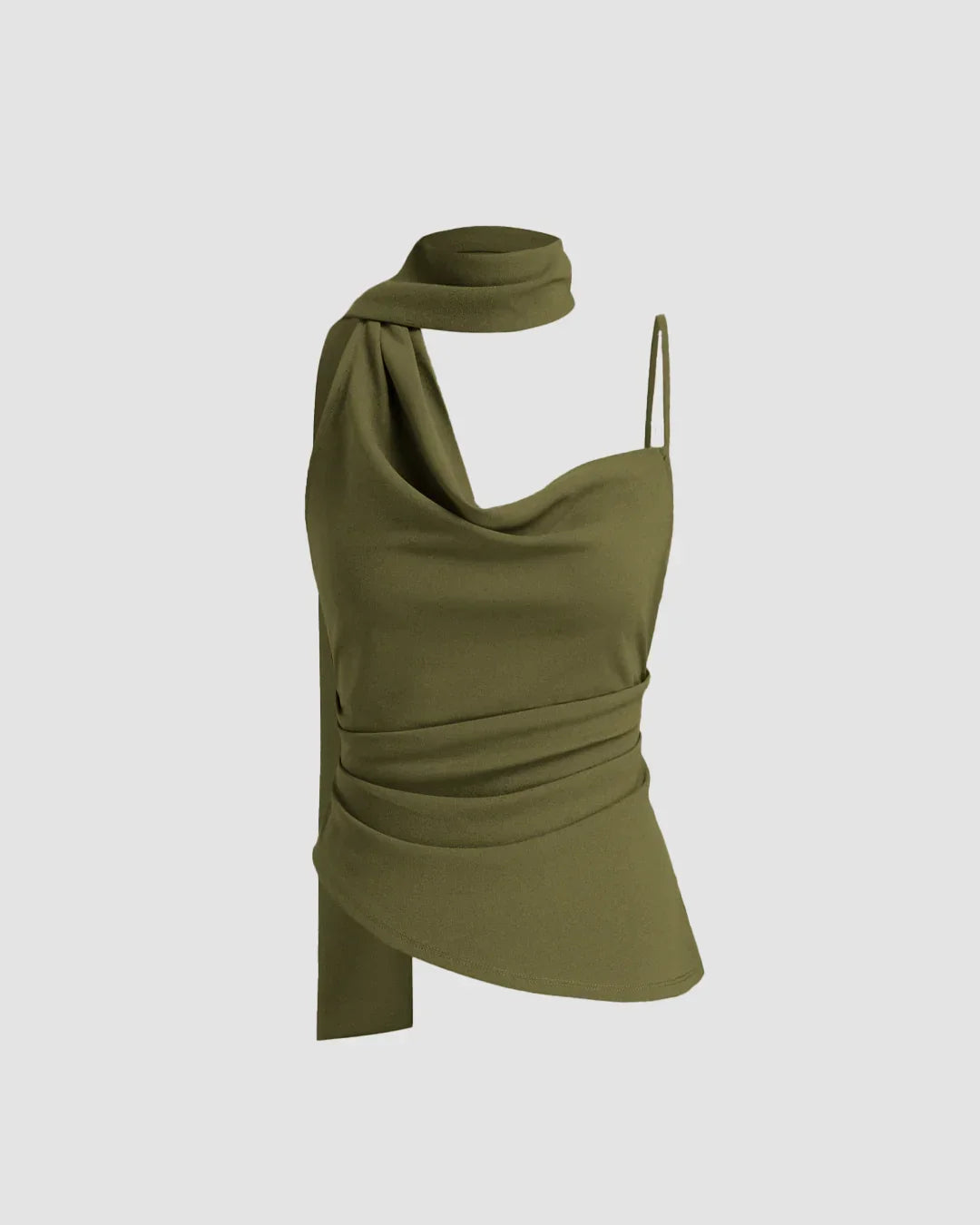 Olive Green One-Shoulder Draped Scarf Top