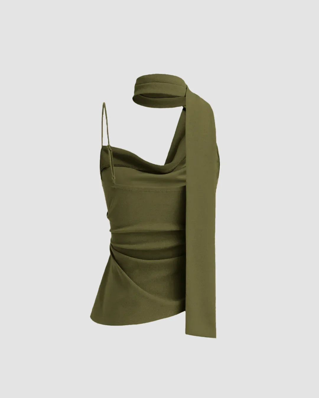 Olive Green One-Shoulder Draped Scarf Top