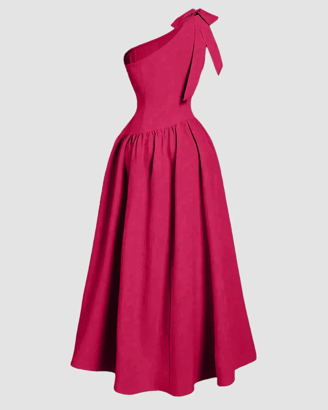 One-Shoulder Bow Fit & Flare Midi Dress in Hot Pink