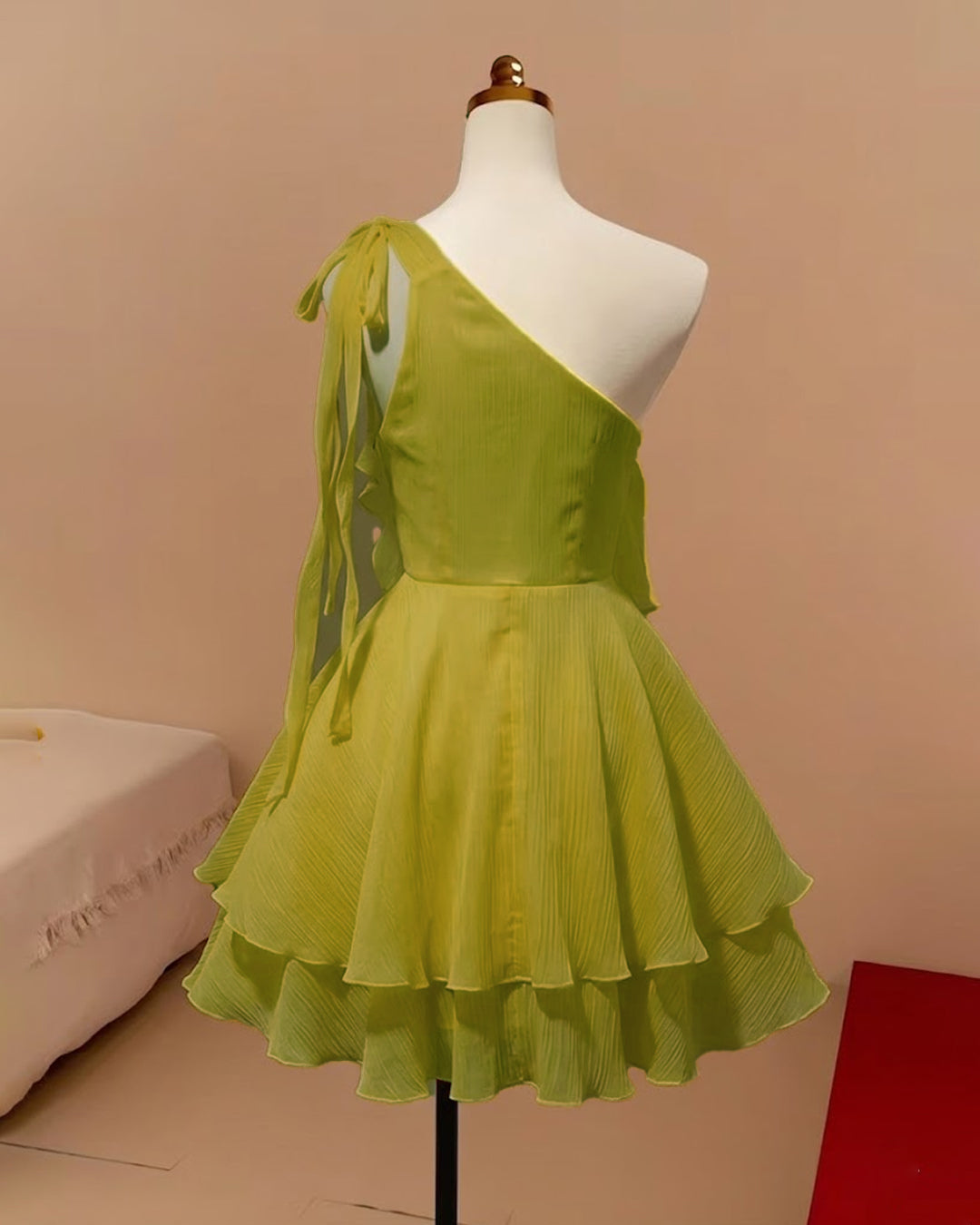 One-Shoulder Layered Asymmetrical Ruffled Dress in Pista Green