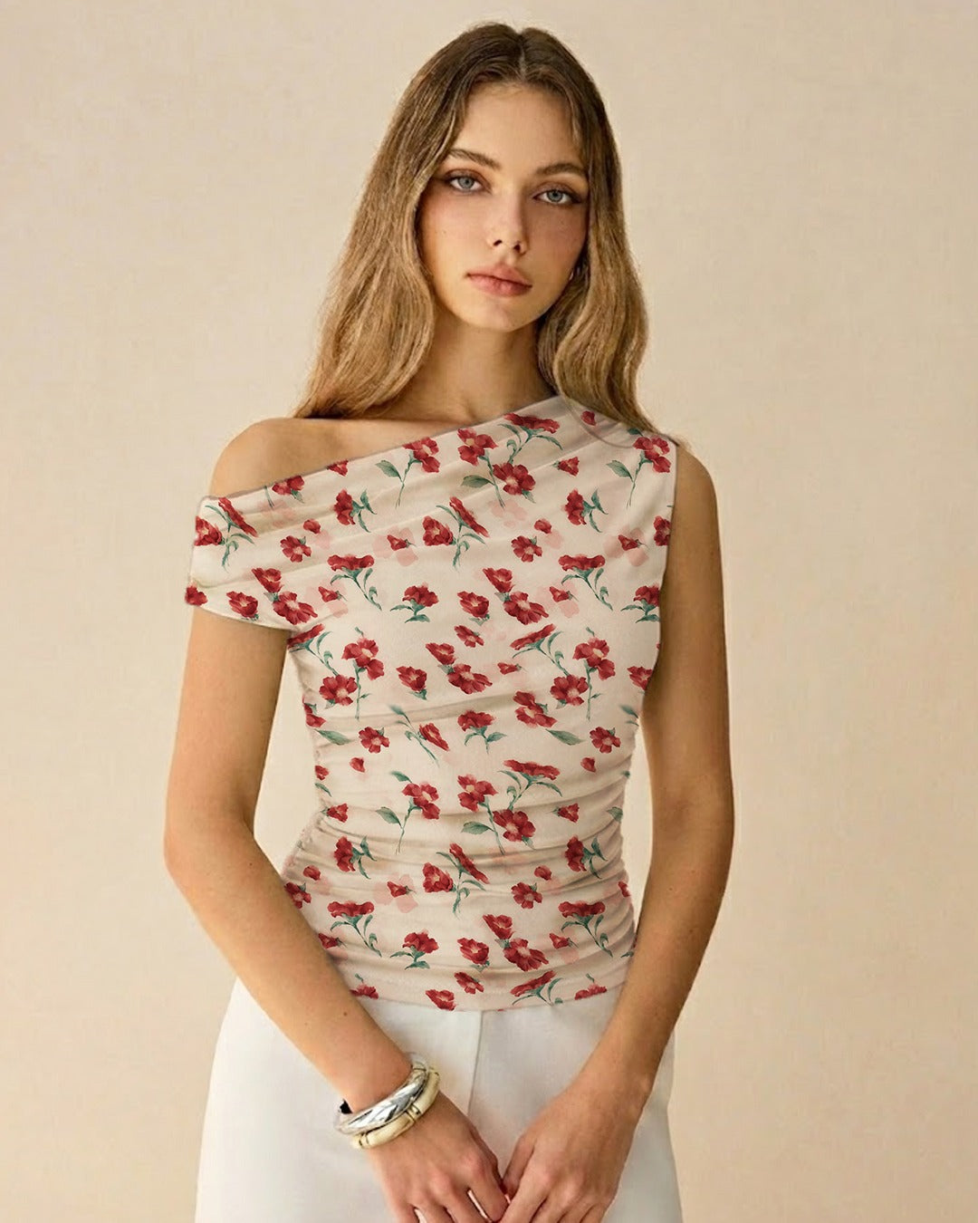 One-Shoulder Ruched Print Top