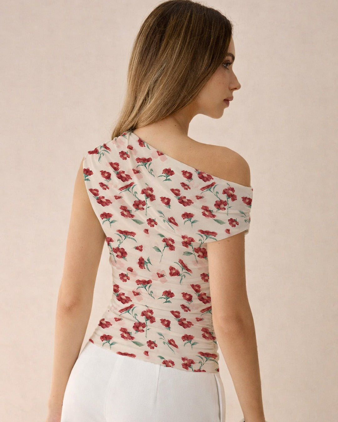 One-Shoulder Ruched Print Top