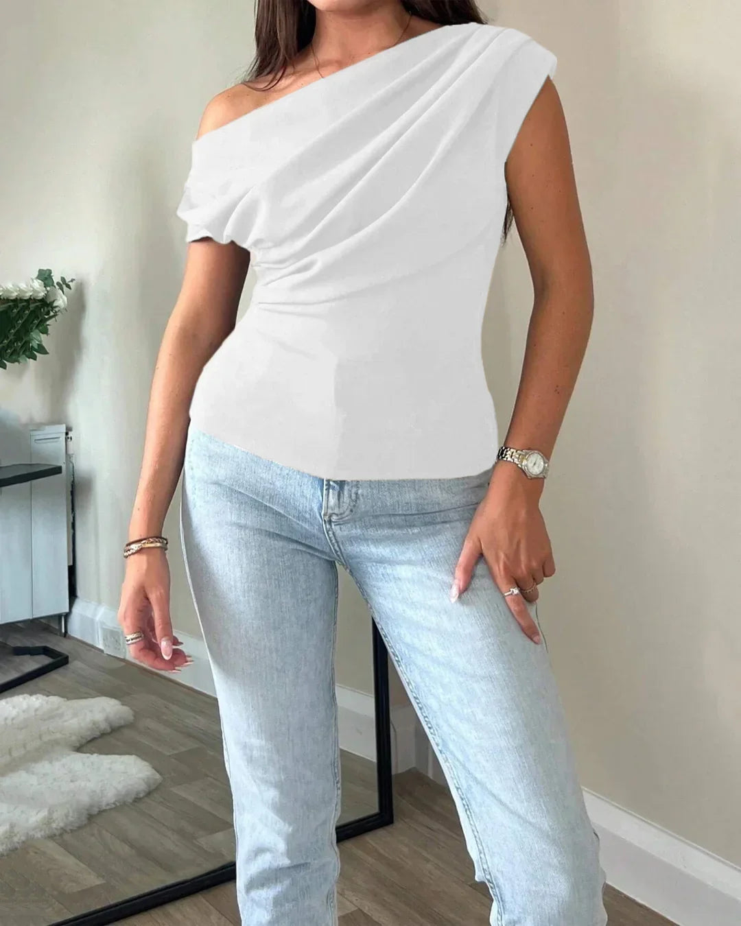 One Shoulder Ruched Asymmetrical Top in White