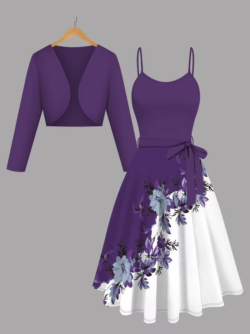 Elegant 2-Piece Women’s Outfit | Blue Cardigan Jacket with Floral Suspender Dress Set